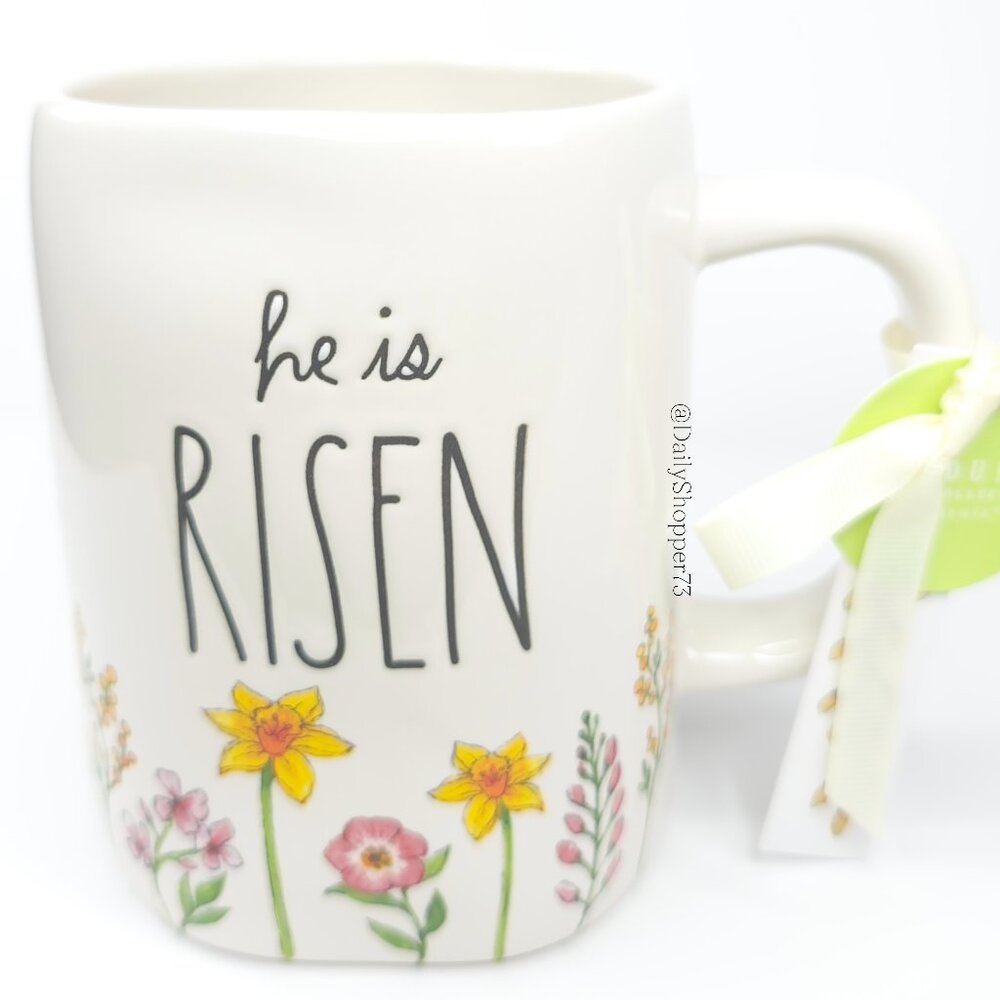 Rae Dunn "he is RISEN" White Watercolor Floral Ceramic Coffee Mug